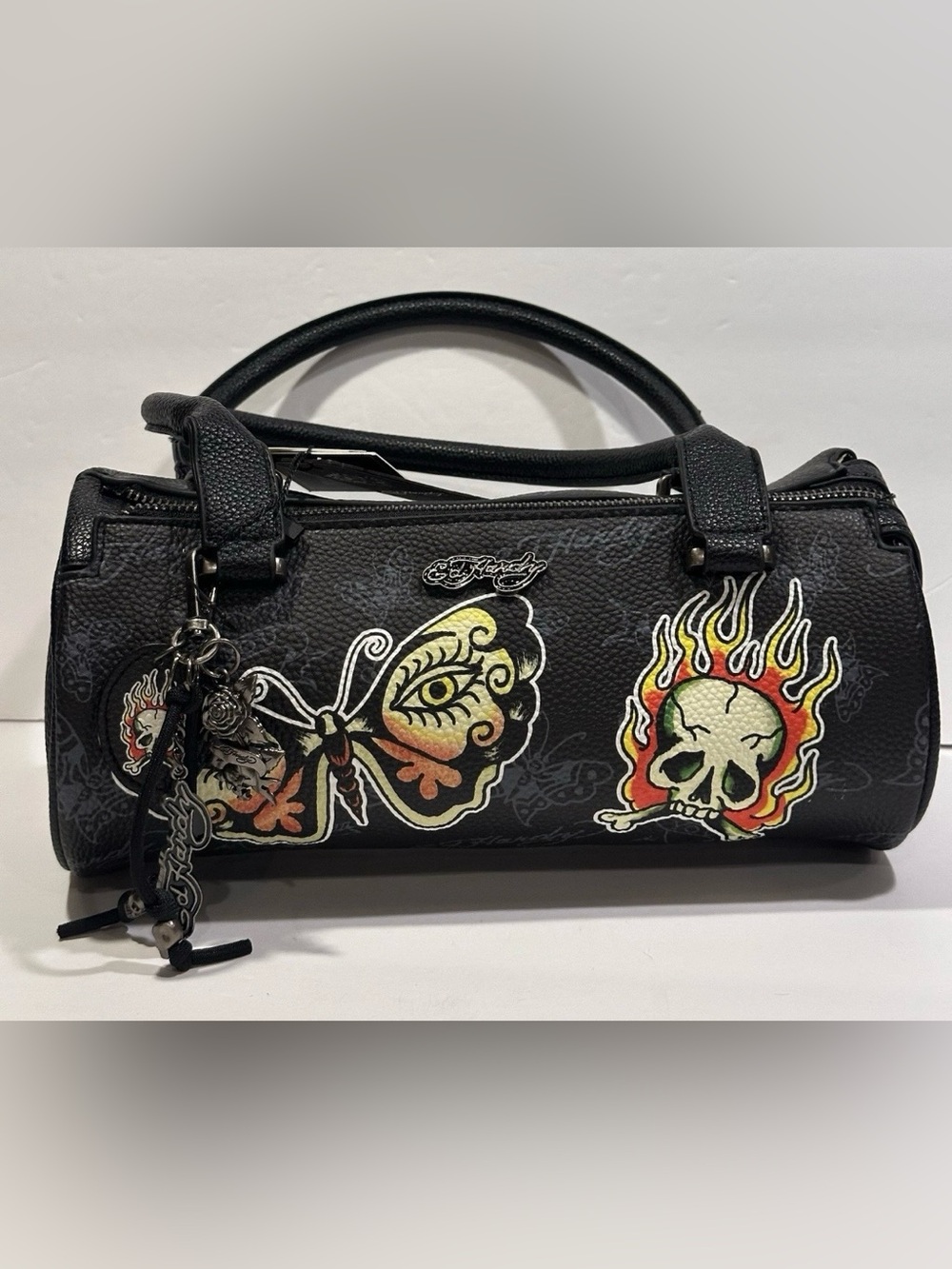 Ed Hardy Black Skull & Butterfly Barrel Handbag - Picture 3 of 8